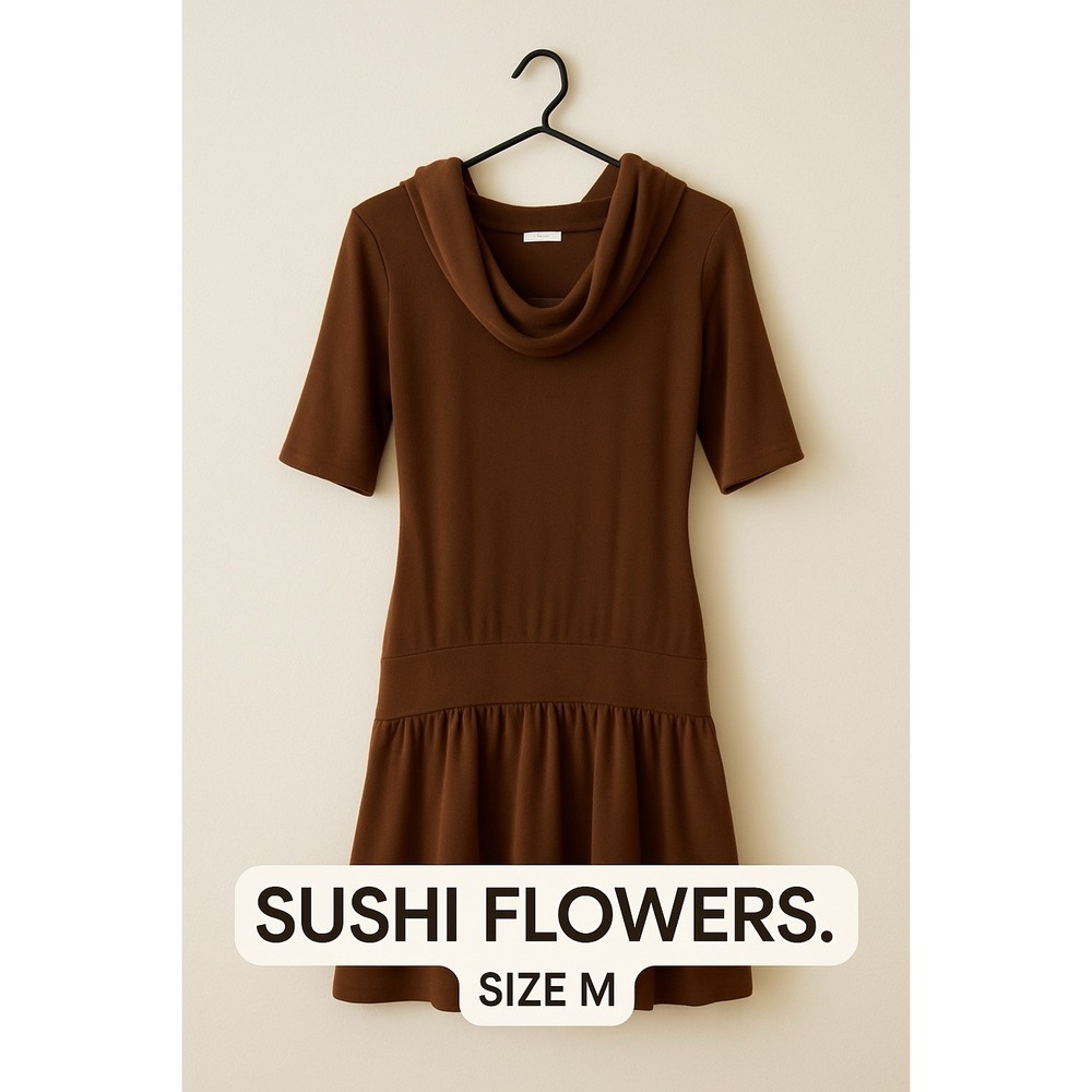 Chocolate Brown Sweater Dress - Cowl‎ Neck Short Sleeve Drop Waist Sushi Flowers